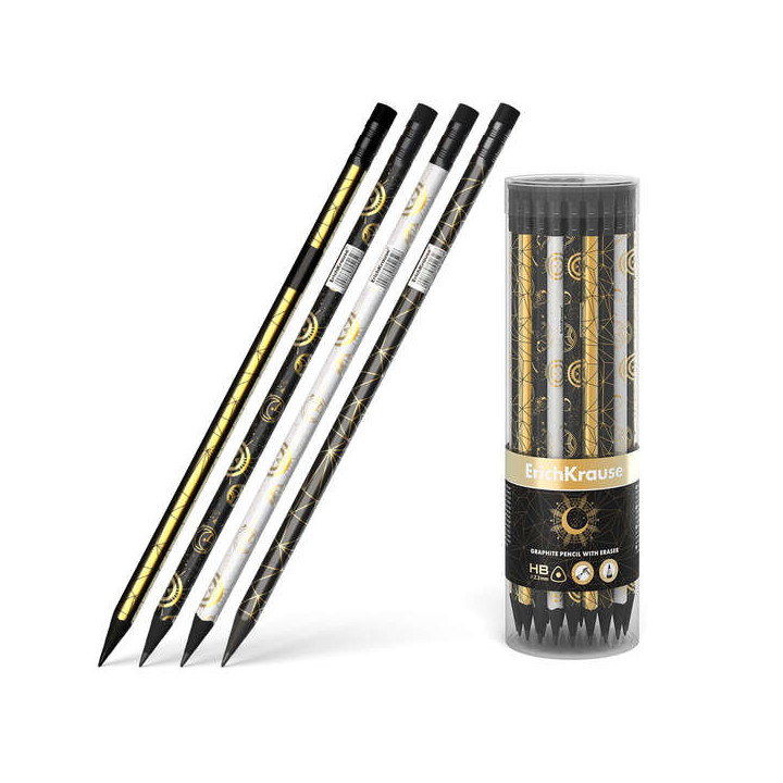 Erichkrause Magic Sky Lapiz de Grafito Triangular HB - Goma de Borrar - Madera Negra - Cuatro Diseños Diferentes