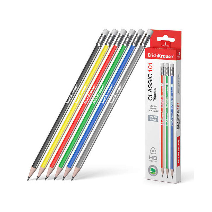 Erichkrause Classic 101 Lapiz de Grafito Plastico HB Triangular con Goma de Borrar - Colores Surtidos