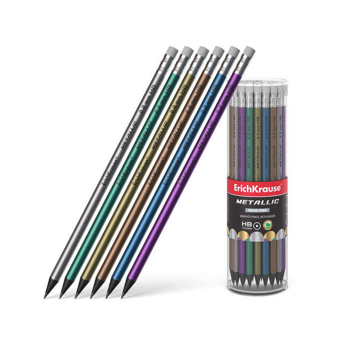 Erichkrause Metallic Lapiz de Grafito HB con Goma de Borrar - Cuerpo Redondo de Plastico - Colores Surtidos