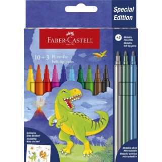 Faber-Castell Edicion Dinosaurios Pack de 13 Rotuladores de Colores - 10 Colores Clasicos + 3 Colores Metalizados - Incluye Peg