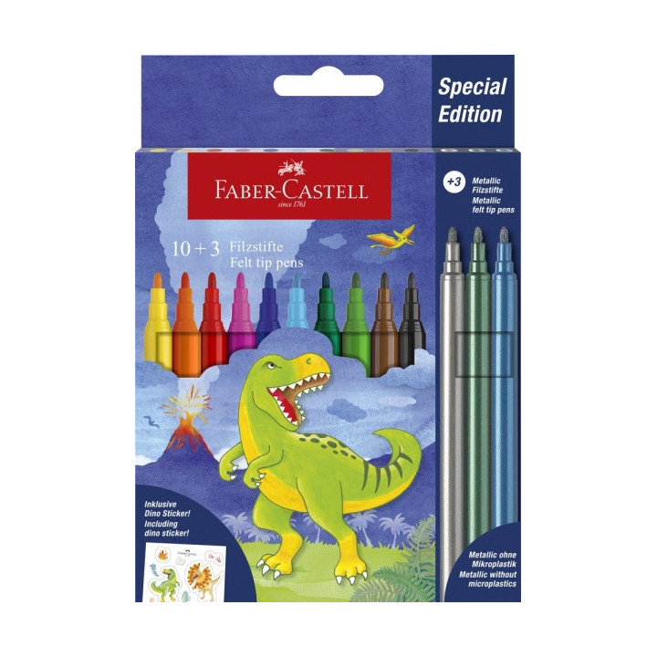 Faber-Castell Edicion Dinosaurios Pack de 13 Rotuladores de Colores - 10 Colores Clasicos + 3 Colores Metalizados - Incluye Peg