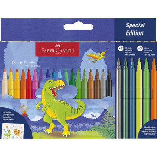 Faber-Castell Edicion Dinosaurios Pack de 24 Rotuladores de Colores - 18 Colores Clasicos + 3 Colores Metalizados + 3 Colores N