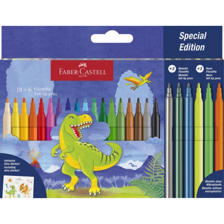 Faber-Castell Edicion Dinosaurios Pack de 24 Rotuladores de Colores - 18 Colores Clasicos + 3 Colores Metalizados + 3 Colores N