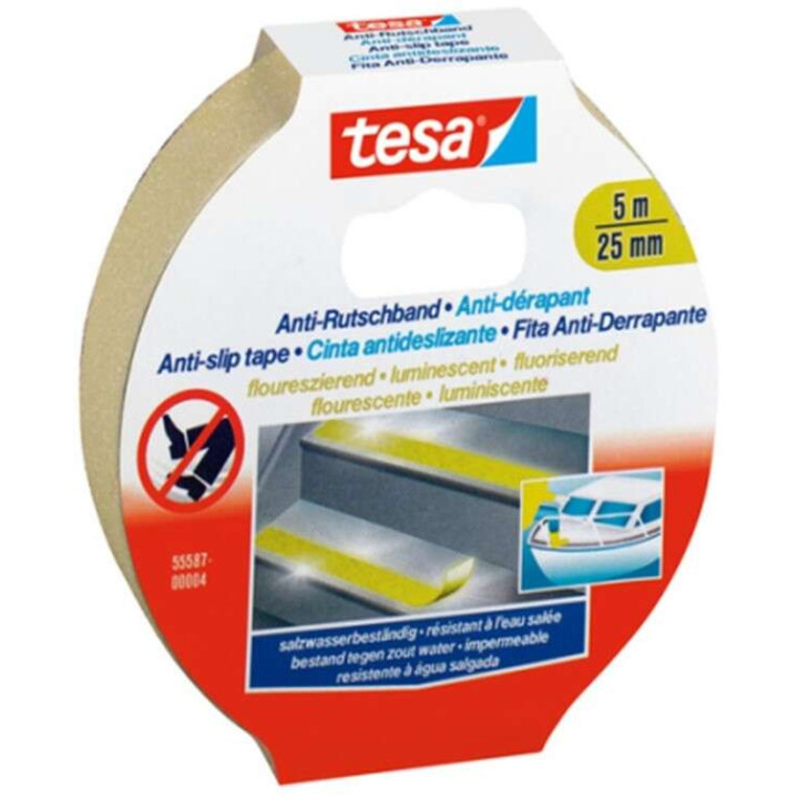 Tesa Anti-Slip Tape Cinta Antideslizante Adhesiva Fluorescente 5mx25mm - Fuerte Adhesion - Se Puede Cortar a Mano - Color Amari