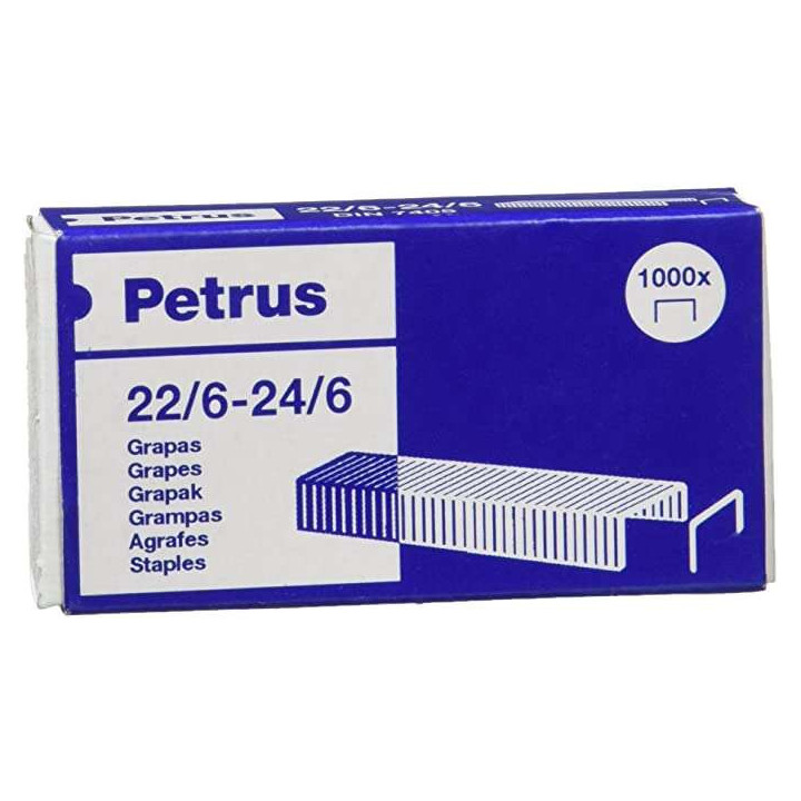Petrus Grapas 22/6 Galvanizadas - Hasta 30 Hojas - Caja de 1000 Grapas - Patilla de 6mm