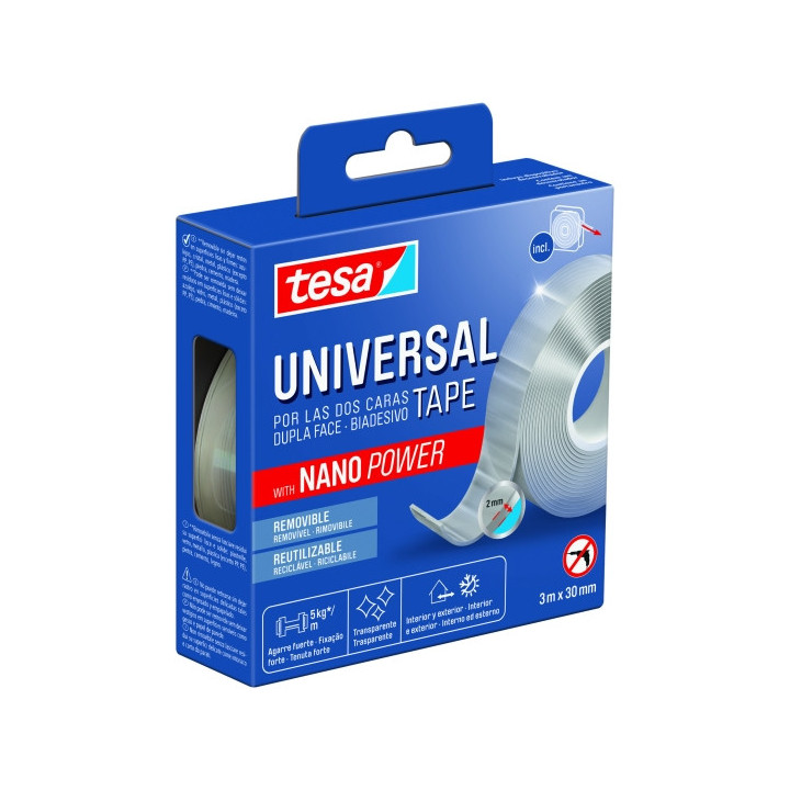 Tesa Cinta Universal de Doble Cara con Nano Power 30mm x 3 Metros - Soporta Cargas Pesadas - Puede Retirarse sin Dejar Residuos