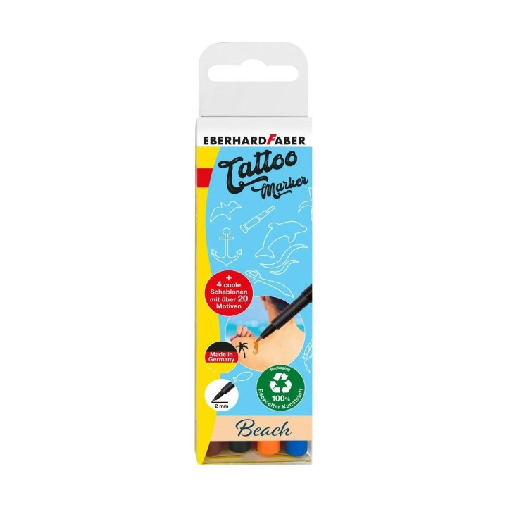 Eberhard Faber Tattoo Marker Beach Pack de 4 Rotuladores para Tatuajes Temporales + 4 Plantillas con mas de 20 Motivos - Secado