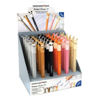 Eberhard Faber Animal Erase It! Expositor con 36 Boligrafos Borrables Tinta Gel Azul - Trazo 0.7mm - Capuchon con Formas de Ani