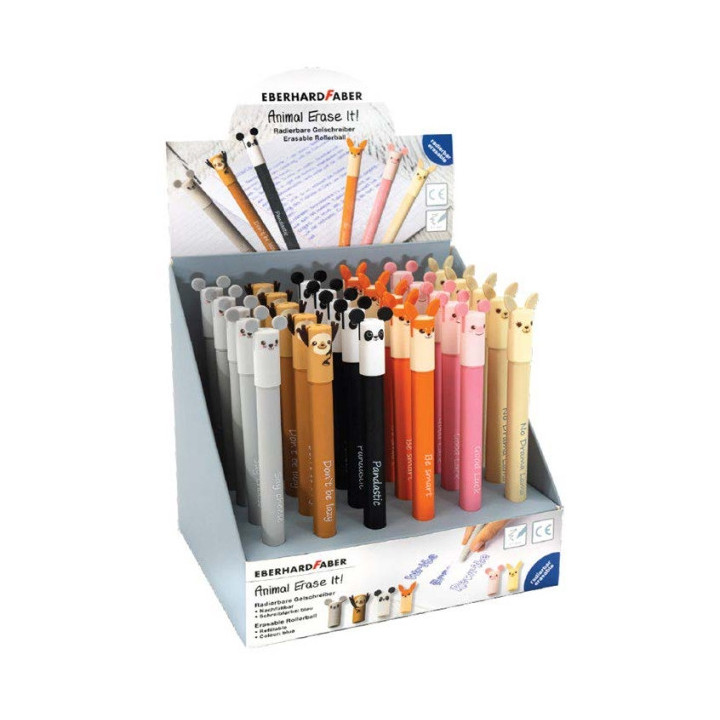 Eberhard Faber Animal Erase It! Expositor con 36 Boligrafos Borrables Tinta Gel Azul - Trazo 0.7mm - Capuchon con Formas de Ani