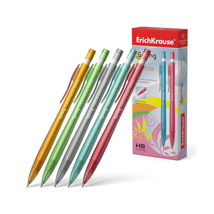 Erichkrause Spring Portaminas 0.7mm HB - Goma de Borrar - Para Minas 0.7mm - Colores Surtidos
