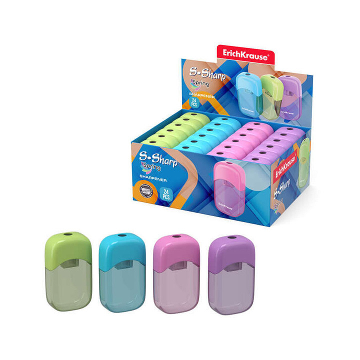 Erichkrause Sacapuntas S-Sharp con Contenedor - Diseño Ergonomico - Cuchilla de Acero Resistente - Color Surtido