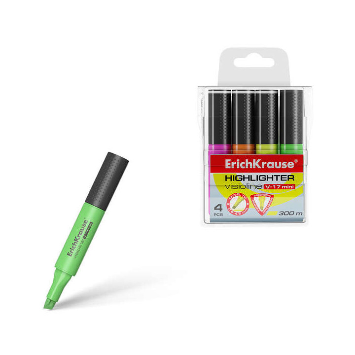 Erichkrause Visioline V-17 Mini Pack de 4 Marcadores Fluorescentes - Punta Biselada 0.6-4.5mm - Colores Surtidos Amarillo