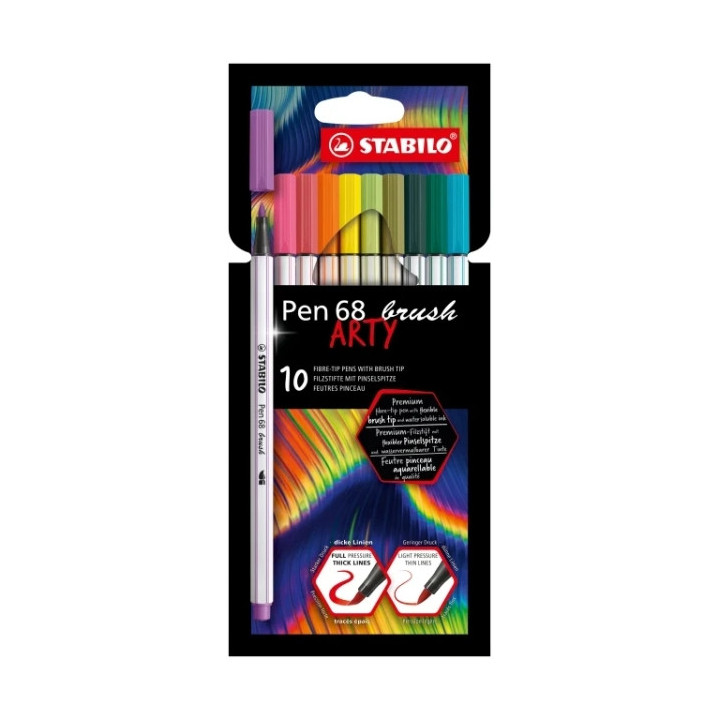 Stabilo Pen 68 Brush Arty Pack de 10 Rotuladores - Punta de Pincel - Tinta a Base de Agua - Colores Surtidos