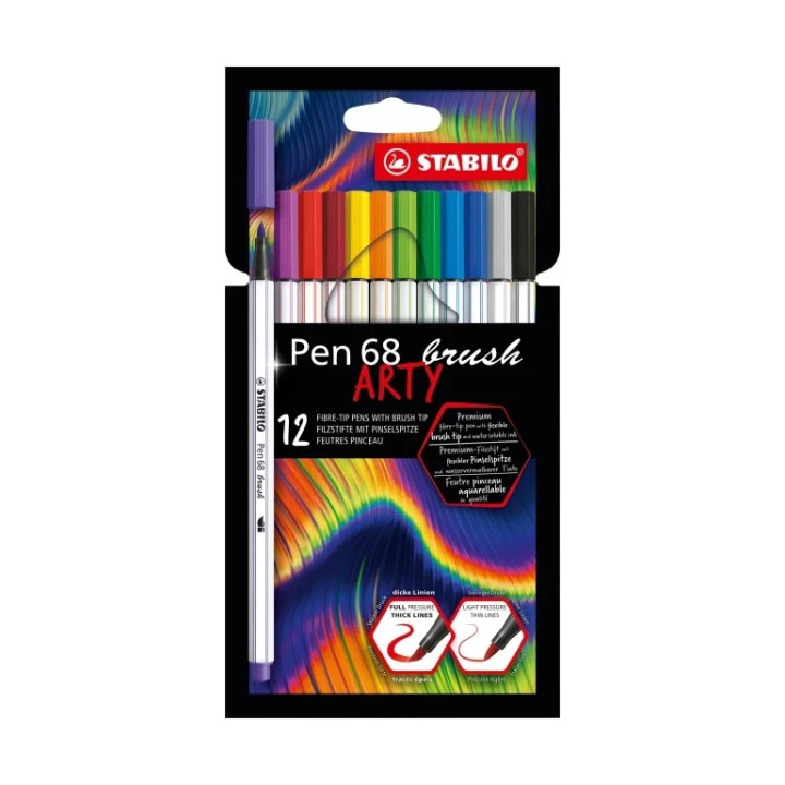 Stabilo Pen 68 Brush Arty Pack de 12 Rotuladores - Punta de Pincel - Tinta a Base de Agua - Colores Surtidos