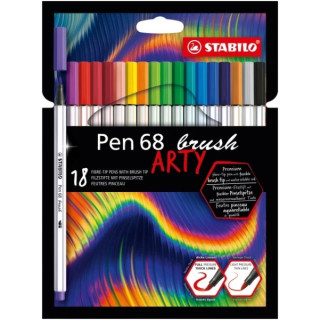 Stabilo Pen 68 Brush Arty Pack de 18 Rotuladores - Punta de Pincel - Tinta a Base de Agua - Colores Surtidos