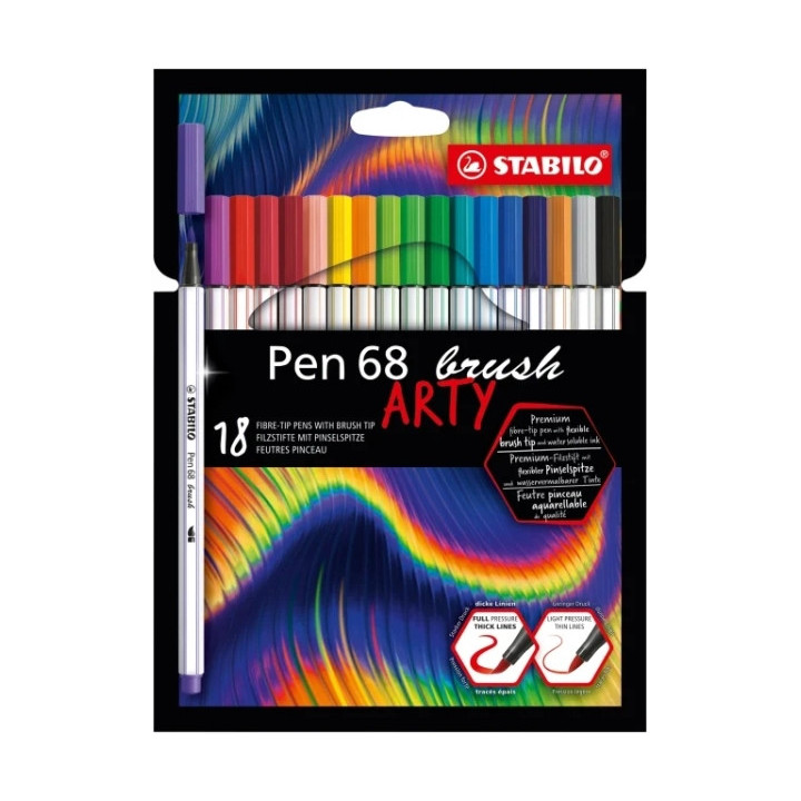 Stabilo Pen 68 Brush Arty Pack de 18 Rotuladores - Punta de Pincel - Tinta a Base de Agua - Colores Surtidos