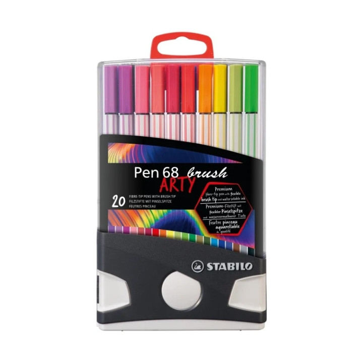 Stabilo Pen 68 Brush Arty Caja de Plastico Rigida con 30 Rotuladores - Punta de Pincel - Tinta a Base de Agua - Colores Surtido