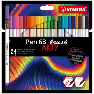 Stabilo Pen 68 Brush Arty Pack de 24 Rotuladores - Punta de Pincel - Tinta a Base de Agua - Colores Surtidos