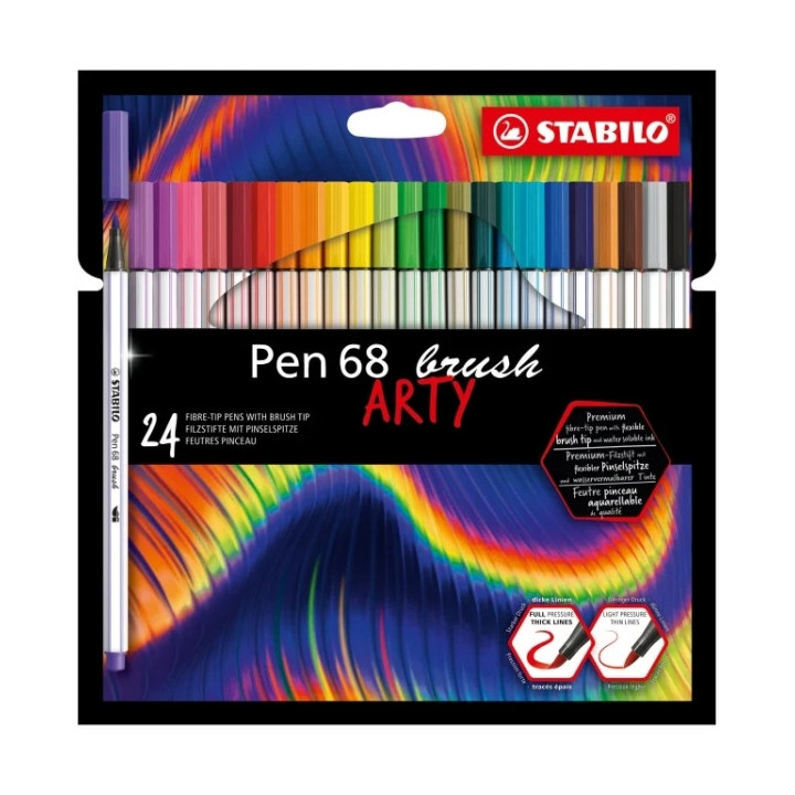 Stabilo Pen 68 Brush Arty Pack de 24 Rotuladores - Punta de Pincel - Tinta a Base de Agua - Colores Surtidos