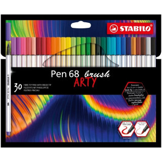 Stabilo Pen 68 Brush Arty Pack de 30 Rotuladores - Punta de Pincel - Tinta a Base de Agua - Colores Surtidos