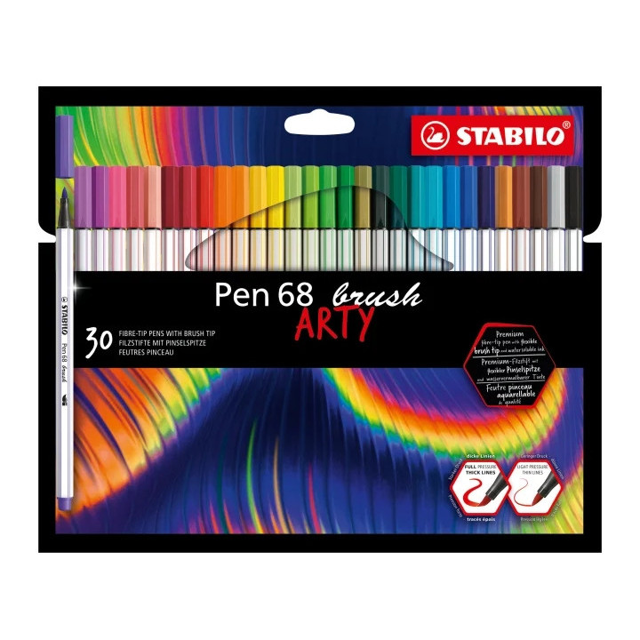 Stabilo Pen 68 Brush Arty Pack de 30 Rotuladores - Punta de Pincel - Tinta a Base de Agua - Colores Surtidos