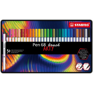 Stabilo Pen 68 Brush Arty Caja Metalica de 30 Rotuladores - Punta de Pincel - Tinta a Base de Agua - Colores Surtidos