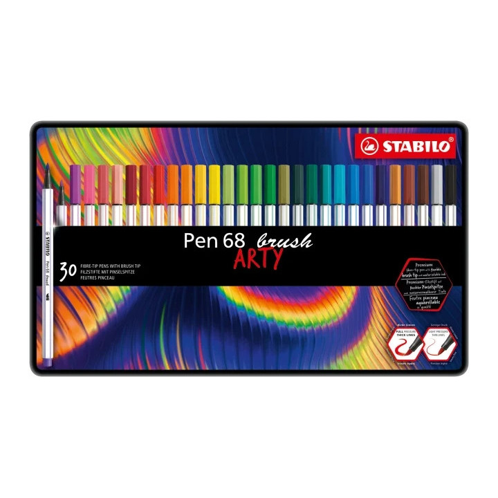 Stabilo Pen 68 Brush Arty Caja Metalica de 30 Rotuladores - Punta de Pincel - Tinta a Base de Agua - Colores Surtidos