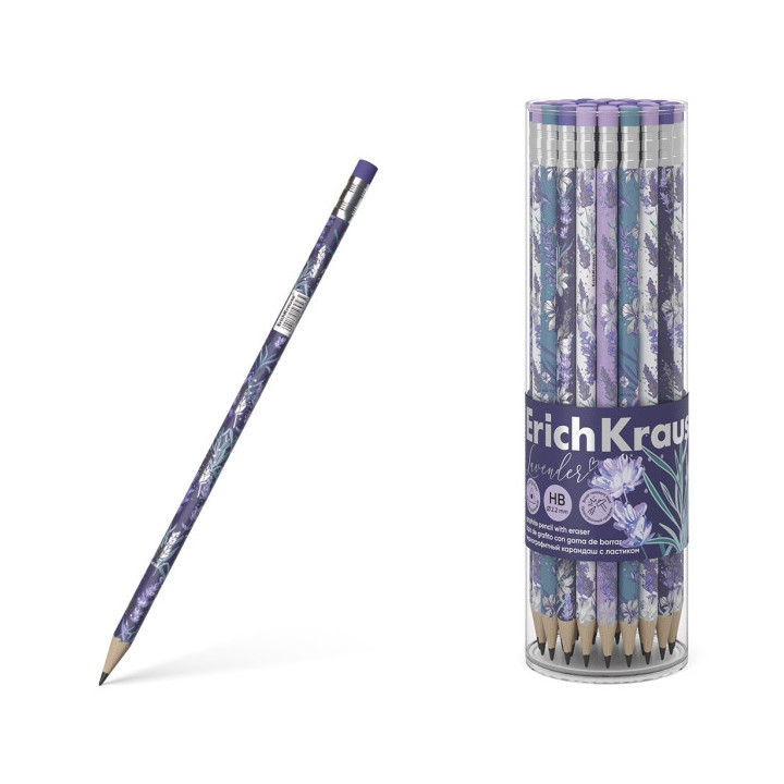 Erichkrause Lavanda Lapiz de Grafito Triangular HB - Goma de Borrar - 4 Diseños Surtidos