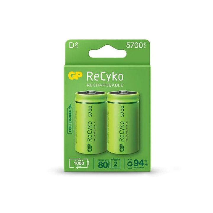 GP ReCyko Pack de 2 Pilas Recargables 5700mAh D 1.2V - Precargadas - Ciclo de Vida: Hasta 1000 Veces
