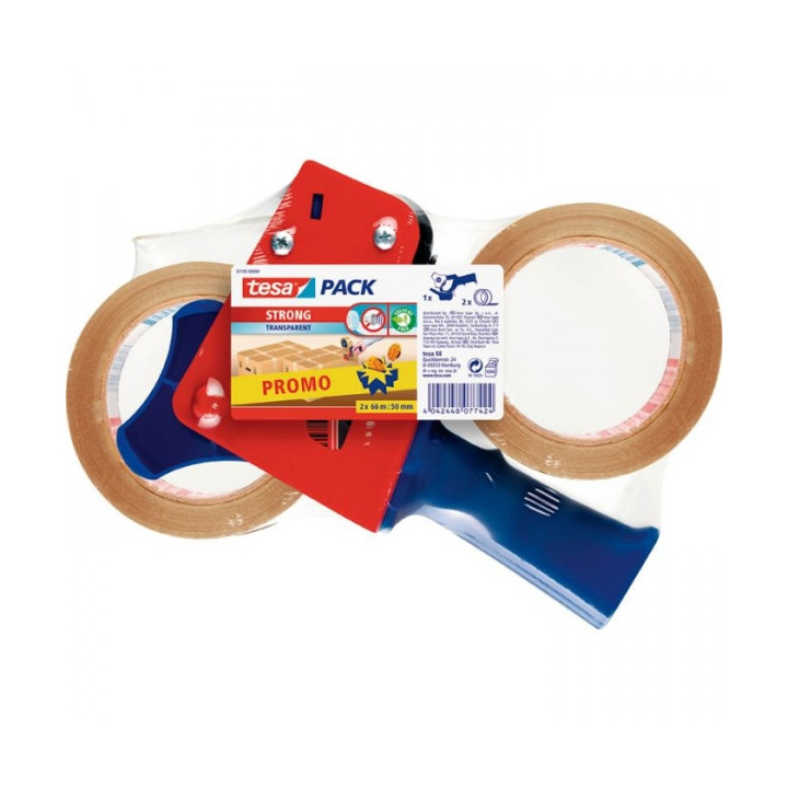 Tesa Pack de Precintadora + 2 Rollos de Precinto Transparente 50mm x 66 Metros