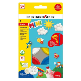 Eberhard Faber Mini Kids Pack con 4 Botes 50gr de Pasta de Modelar + 2 Herramientas - 90% Ingredientes Naturales - Facil de Lav