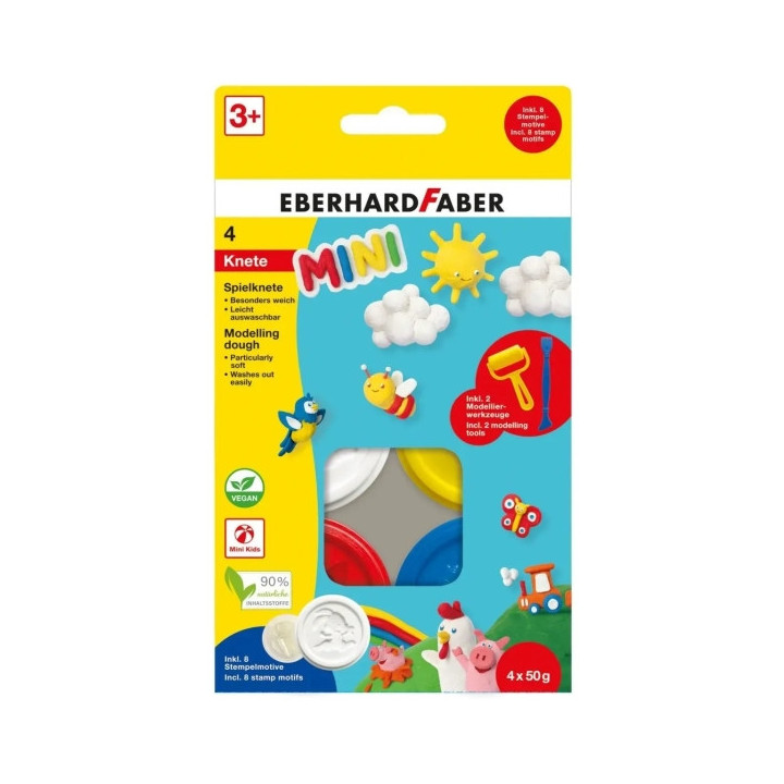 Eberhard Faber Mini Kids Pack con 4 Botes 50gr de Pasta de Modelar + 2 Herramientas - 90% Ingredientes Naturales - Facil de Lav