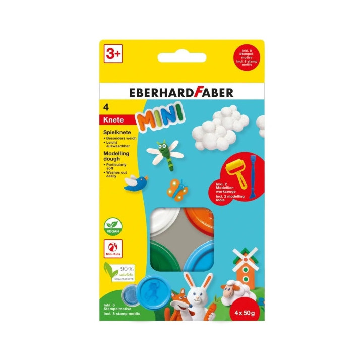 Eberhard Faber Mini Kids Pack con 4 Botes 50gr de Pasta de Modelar + 2 Herramientas - 90% Ingredientes Naturales - Facil de Lav