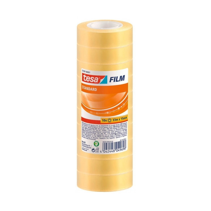 Tesa Tesafilm Standard Pack de 10 Cintas Autoadhesivas Transparentes 15mmx33m - Buena Adherencia y Alta Resistencia a la Luz UV