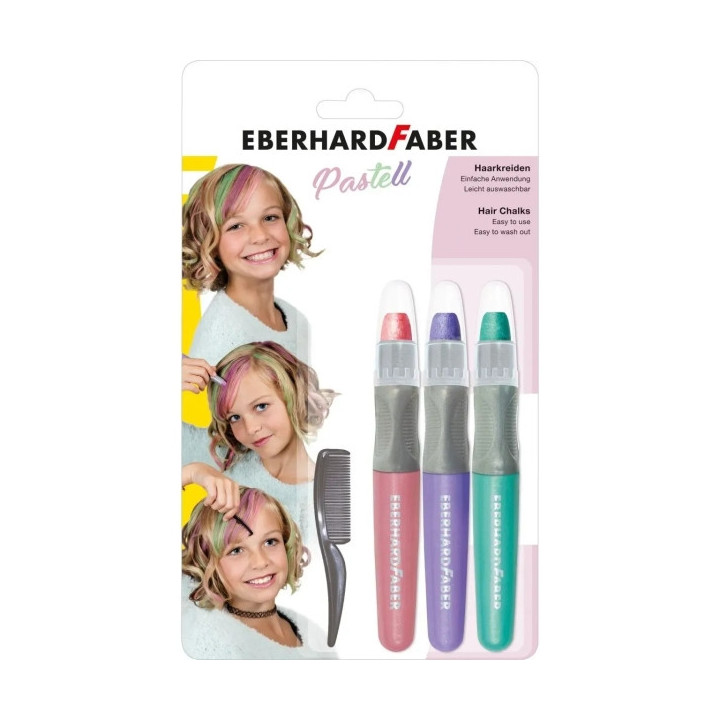 Eberhard Faber Pack de 3 Tizas Pastel para el Cabello + 1 Mini Peine - Aplicar sobre el Cabello Seco - Utilice el Peine para Di