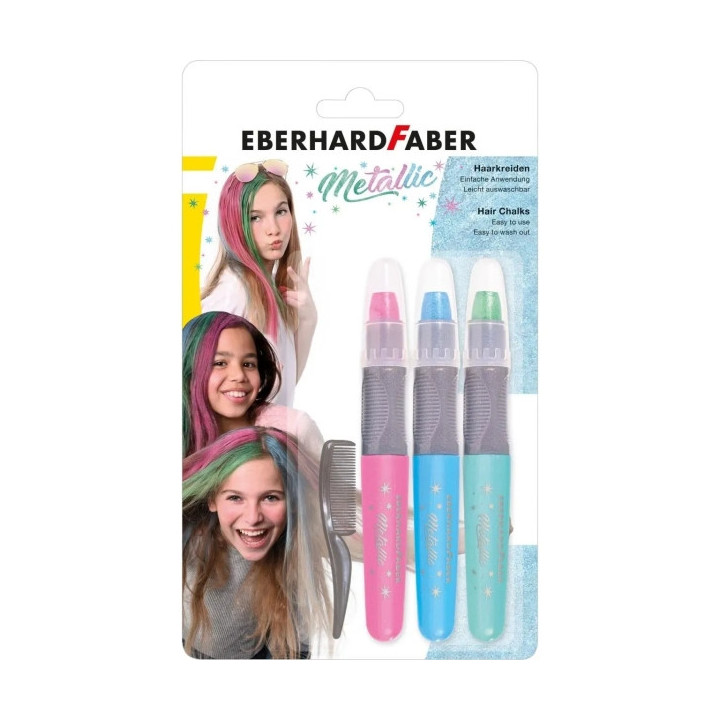 Eberhard Faber Pack de 3 Tizas Metallic para el Cabello + 1 Mini Peine - Aplicar sobre el Cabello Seco - Utilice el Peine para