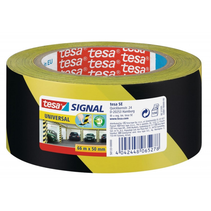 Tesa Cinta Adhesiva de Señalizacion 50mm x 66m - Ideal para Señalizar Obstaculos Permanentes - Adhesivo sin Disolventes - Col