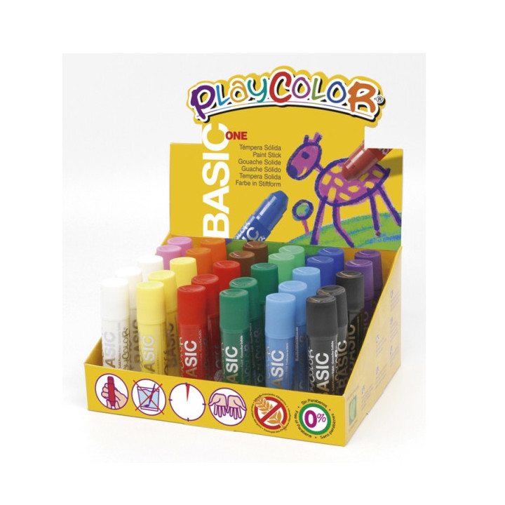 PlayColor Basic One Expositor de 30 Temperas Solidas - No Arrugan el Papel - No Necesitan Agua - Especial para Uso Escolar - Co
