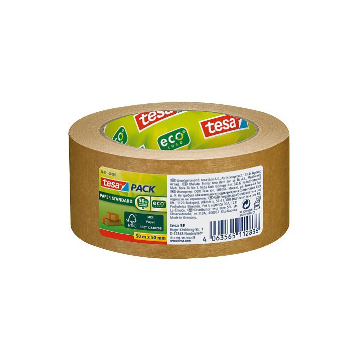 Tesa Tesapack Paper Standard Cinta Adhesiva de Papel 50mmx50m - Hecho con 56% de Materiales Biodegradables - Papel Procedente d