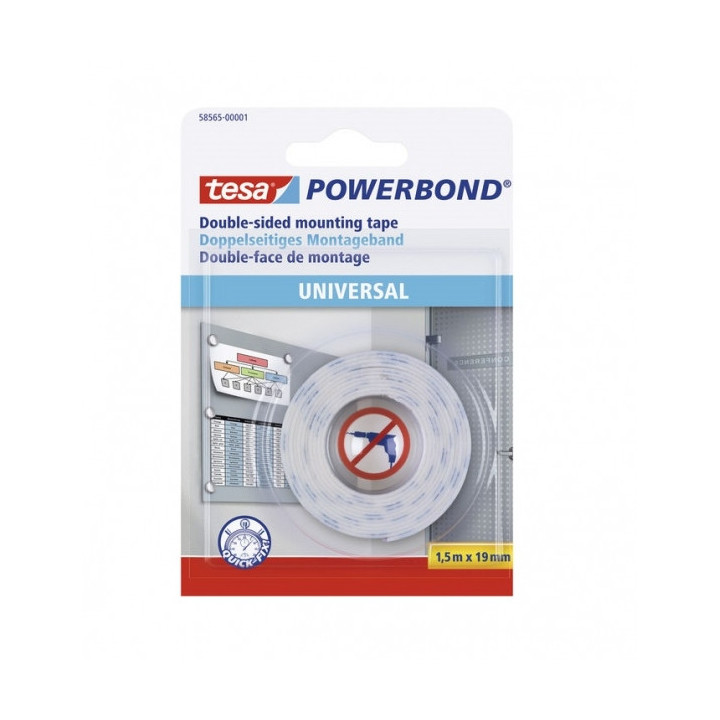 Tesa Powerbond Cinta Adhesiva Doble Cara 19mm x 1.5 Metros - Para Fijacion Segura y Rapida de Objetos Planos y Ligeros - Color