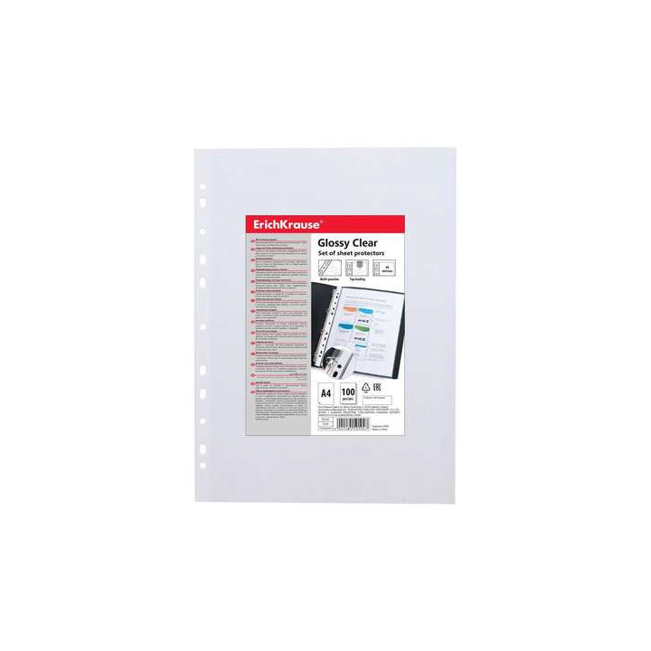 Erichkrause Glossy Clear Pack de 100 Fundas Multitaladro A4 60mic - 11 Taladros - Acabado Brillante Transparente