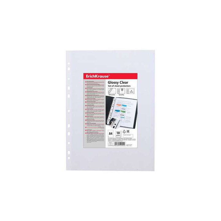Erichkrause Glossy Clear Pack de 10 Fundas Multitaladro A4 60mic - 11 Taladros - Acabado Brillante Transparente