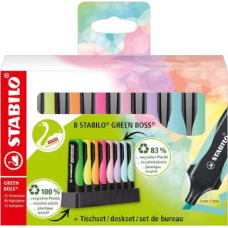 Stabilo Green Boss Set de Mesa de 8 Marcadores Fluorescentes - Fabricado con un 83% de Plastico Reciclado - Trazo entre 2 y 5mm