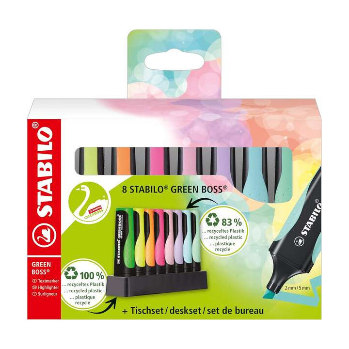 Stabilo Green Boss Set de Mesa de 8 Marcadores Fluorescentes - Fabricado con un 83% de Plastico Reciclado - Trazo entre 2 y 5mm
