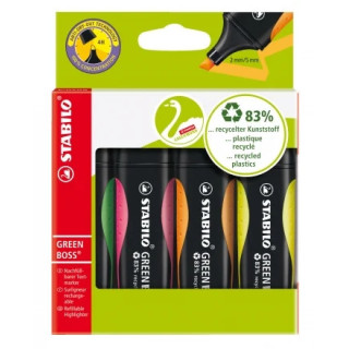 Stabilo Green Boss Pack de 4 Marcadores Fluorescentes - Fabricado con un 83% de Plastico Reciclado - Trazo entre 2 y 5mm - Reca