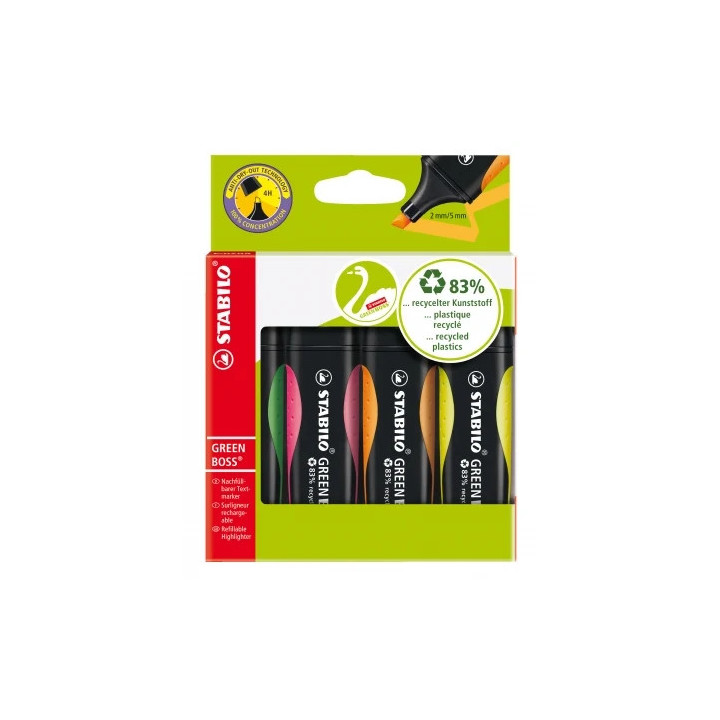Stabilo Green Boss Pack de 4 Marcadores Fluorescentes - Fabricado con un 83% de Plastico Reciclado - Trazo entre 2 y 5mm - Reca