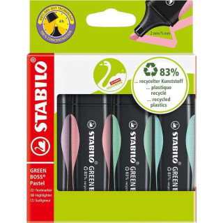 Stabilo Green Boss Pastel Pack de 4 Marcadores Fluorescentes - Fabricado con un 83% de Plastico Reciclado - Trazo entre 2 y 5mm