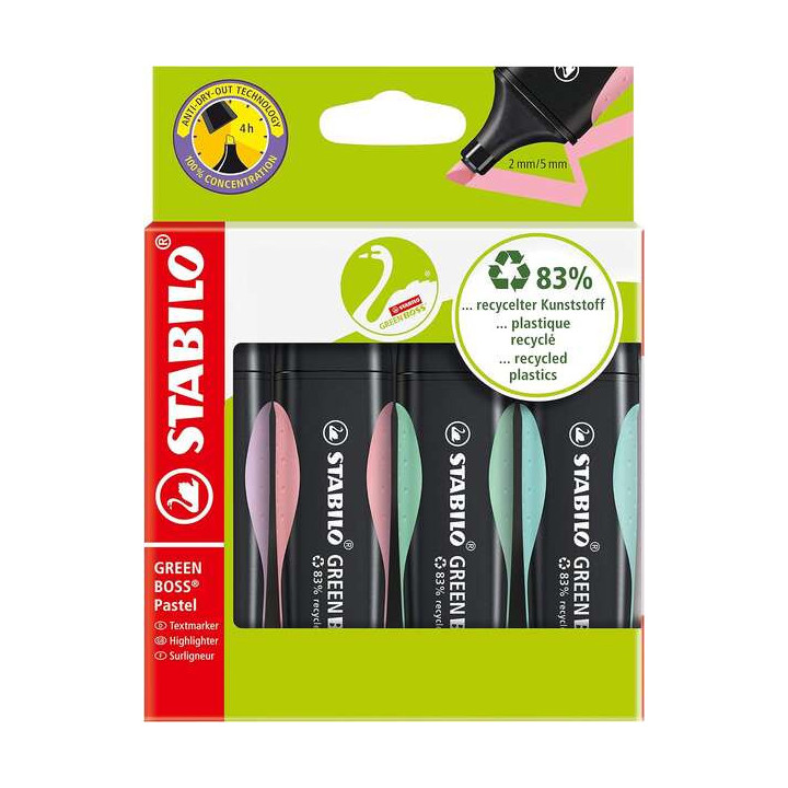 Stabilo Green Boss Pastel Pack de 4 Marcadores Fluorescentes - Fabricado con un 83% de Plastico Reciclado - Trazo entre 2 y 5mm