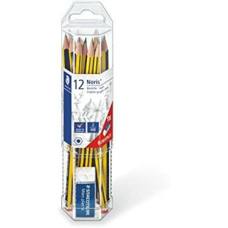 Staedtler Noris 120 Pack de 12 Lapices de Grafito Hexagonales + Goma de Borrar - Mina HB Ultrarresistente de 2mm - Madera de Bo