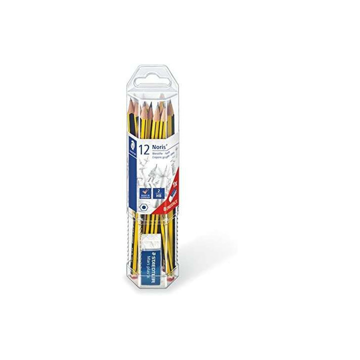 Staedtler Noris 120 Pack de 12 Lapices de Grafito Hexagonales + Goma de Borrar - Mina HB Ultrarresistente de 2mm - Madera de Bo
